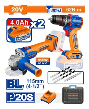combo taladro 13mm 20v 62nm + amol 115 20v wadfow